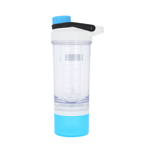 T-91, Shaker de plástico con compartimento, bola mezcladora plástica y tapa enroscable con asa. Cap. 500 ml.